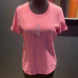 Life is Good pink graphic short sleeve crew neck tee shirt. Small.